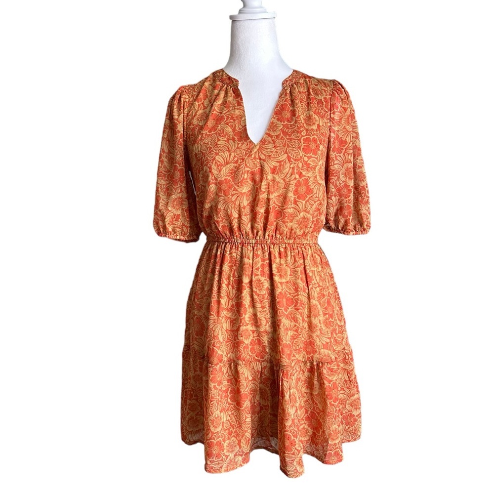 Max+Ash Orange Floral V-neck Knee Length Dress Size Small
